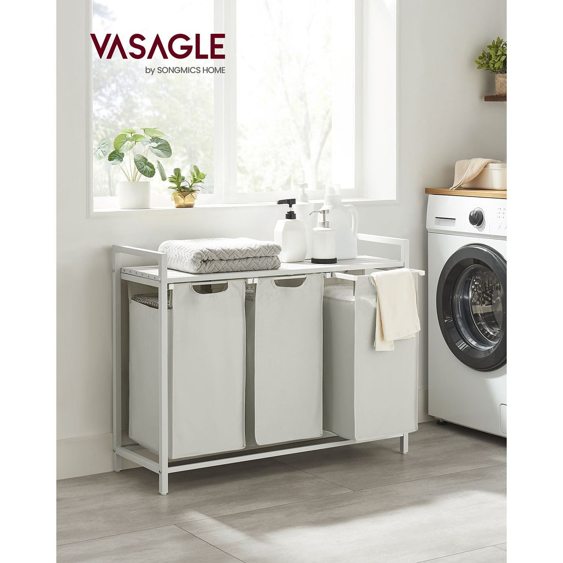 Witte wasmand met plank, 2 zakken - MDF, staal en Oxforddoek - 92,5 x 33 x 72 cm