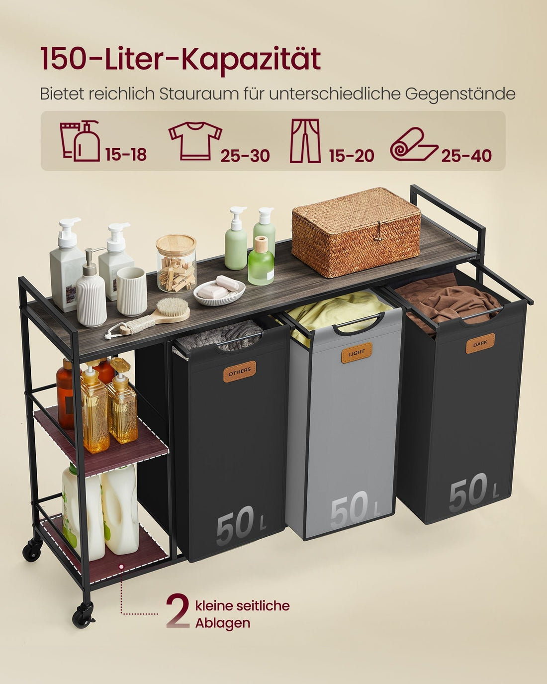 Wasmand 3 vakken - Kledingorganizer op wielen - 117 x 33 x 80,5 cm - staal & oxfordstof