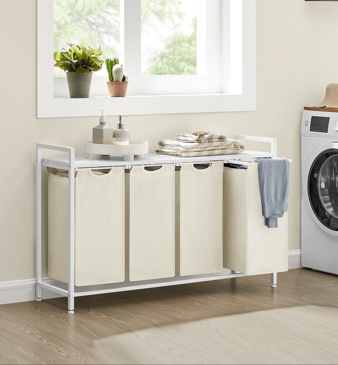Wasmand met 4 vakken en plank - wasgoedorganizer - 116 x 33 x 72 cm