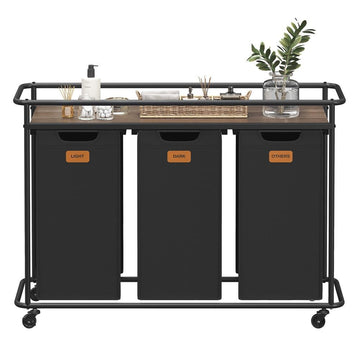 Wassorteerder met 3 vakken, wielen en legplank 150 L | Zwart-bruin | 33x104x79,5 cm