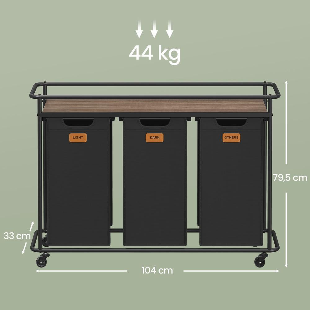 Wäschesortierer mit 3 Fächern, Rollen und Ablage 150 L | Schwarz-braun | 33x104x79,5 cm
