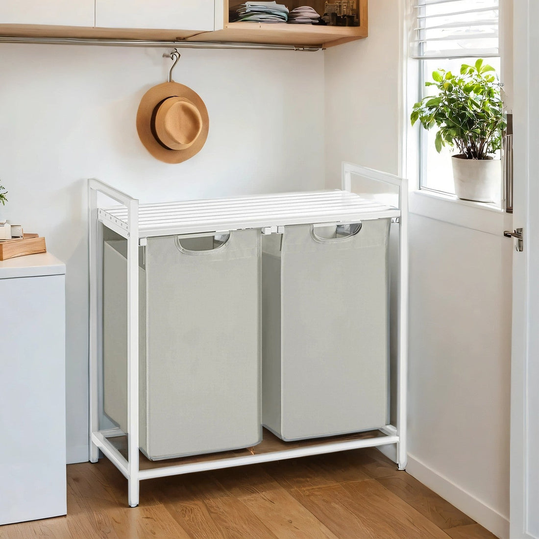 Wasmand met 2 vakken en plank - ruimtebesparend - 73 x 33 x 72 cm