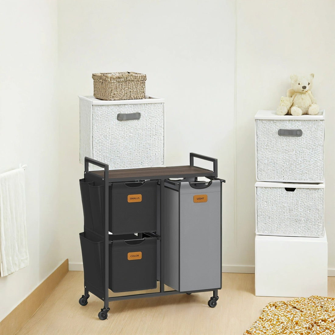 Wasgoed sorteerwagen - opbergrek - staal & oxfordstof - 68,6 x 33 x 80,5 cm - bruin/grijs