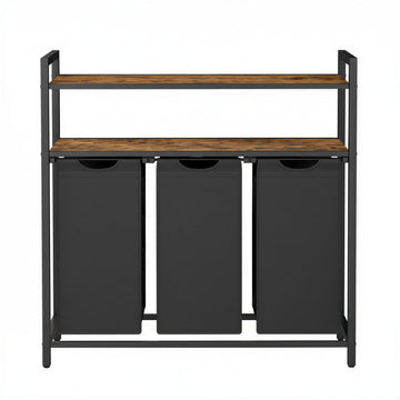 Wasmand met 3 uitneembare waszakken en plank | Bruin en zwart | 33x92,5x92 cm