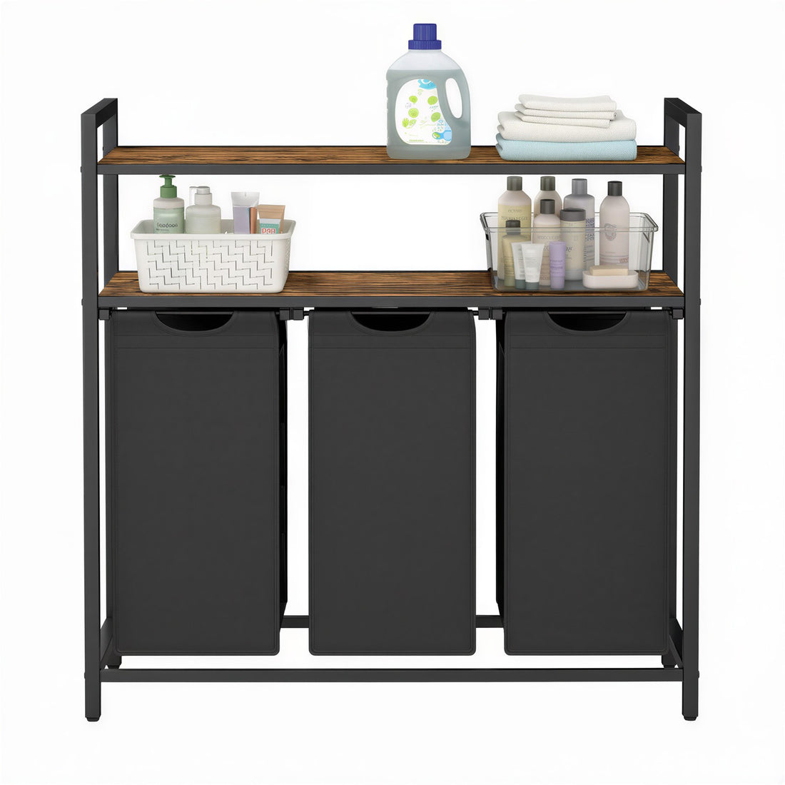 Wasmand met 3 uitneembare waszakken en plank | Bruin en zwart | 33x92,5x92 cm