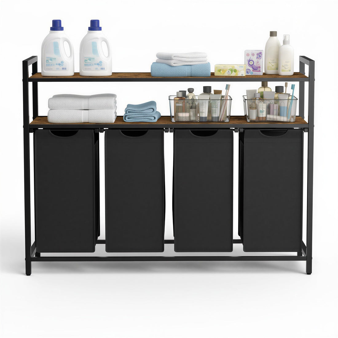Wasmand met 4 uitneembare zakken en plank | Bruin, zwart | 33x115,6x92 cm