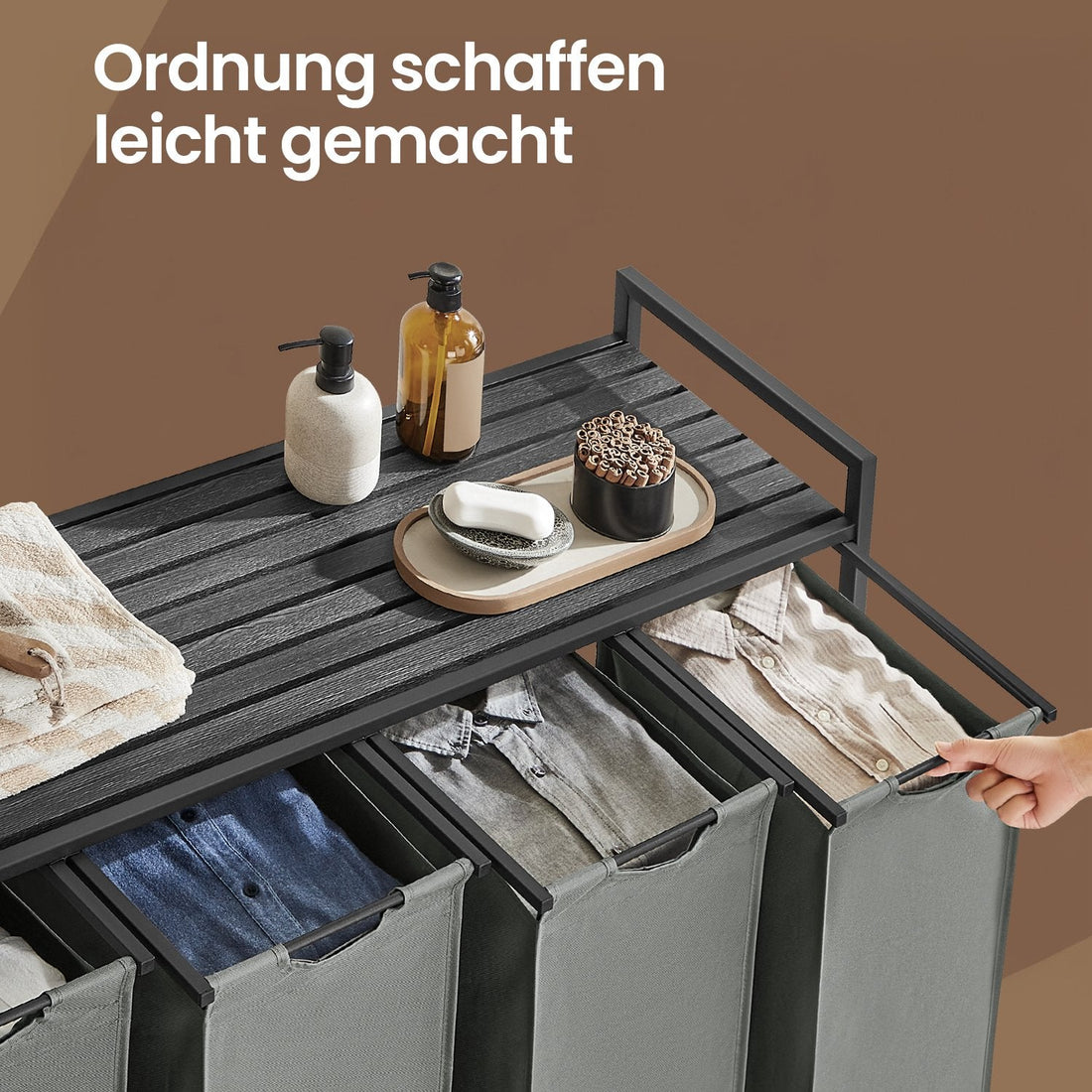 Wasmand met 4 vakken – wasverzamelaar – zwart/grijs – 116 x 33 x 72 cm