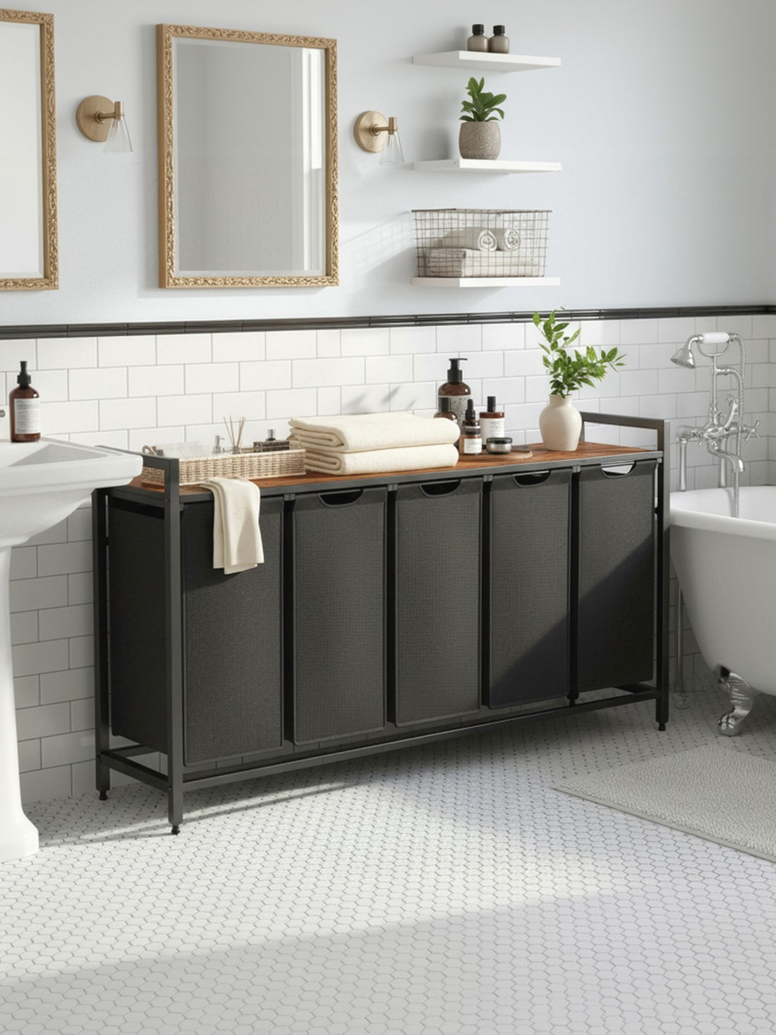 Wasmand met 5 vakken en plank | Zwart-bruin | 143,5x33x72 cm