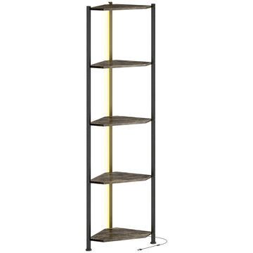 Hoekboekenkast 5 etages met LED | Kleur: Rustiek Bruin | Afmetingen: 32x32x147 cm