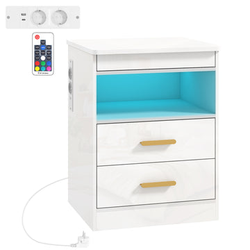 Nachtkastje met laadstation en RGB-led | Kleur: Hoogglans wit | Afmetingen: 45x40x59 cm