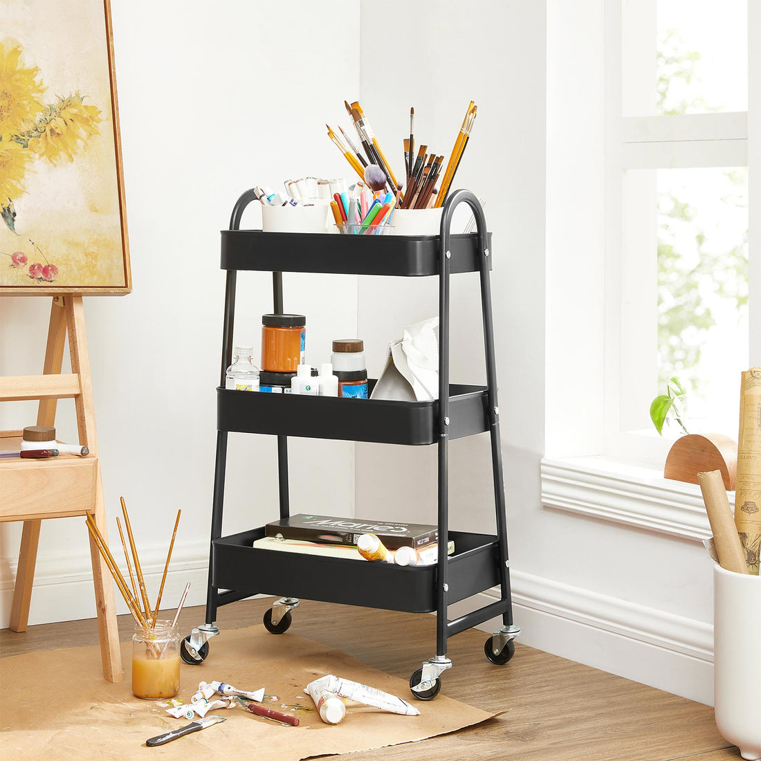 3-laags verrijdbare trolley - opbergwagen - stalen frame - 41,4 x 30,7 x 79 cm