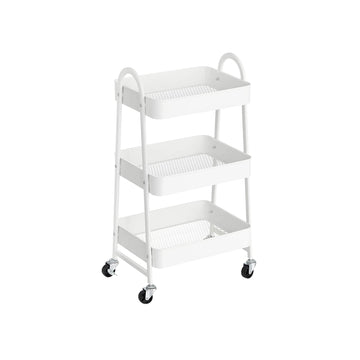Witte stalen trolley met 3 opbergvakken en 4 vergrendelbare wielen
