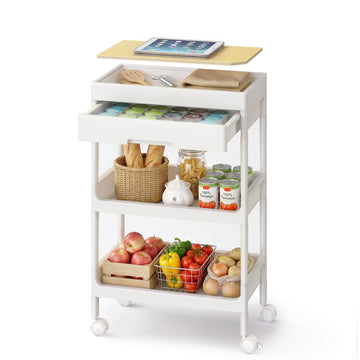 Keukenwagen met 3 niveaus en wielen | Wit-goudeikenkleur | 41x25,5x68 cm