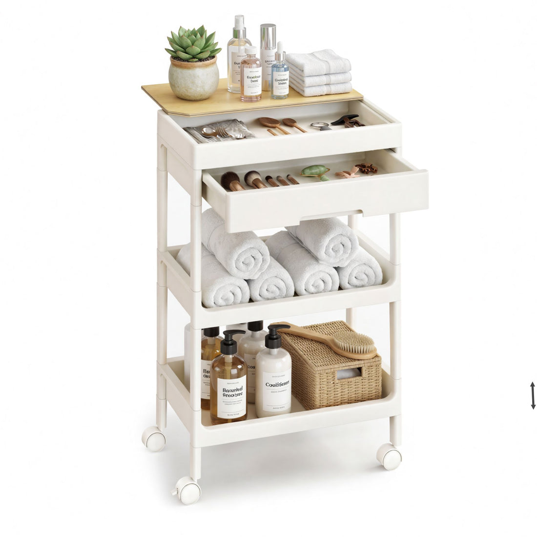 Keukenwagen met lade, 3 etages en afneembaar bovenblad | Wit-eikenkleur | 41x25,5x68 cm