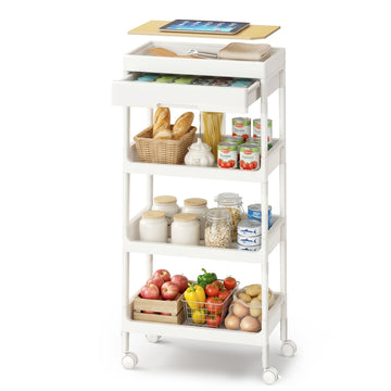 Keukenwagen met 4 etages en wielen | Wit-eikenkleur | 41x25,5x91 cm