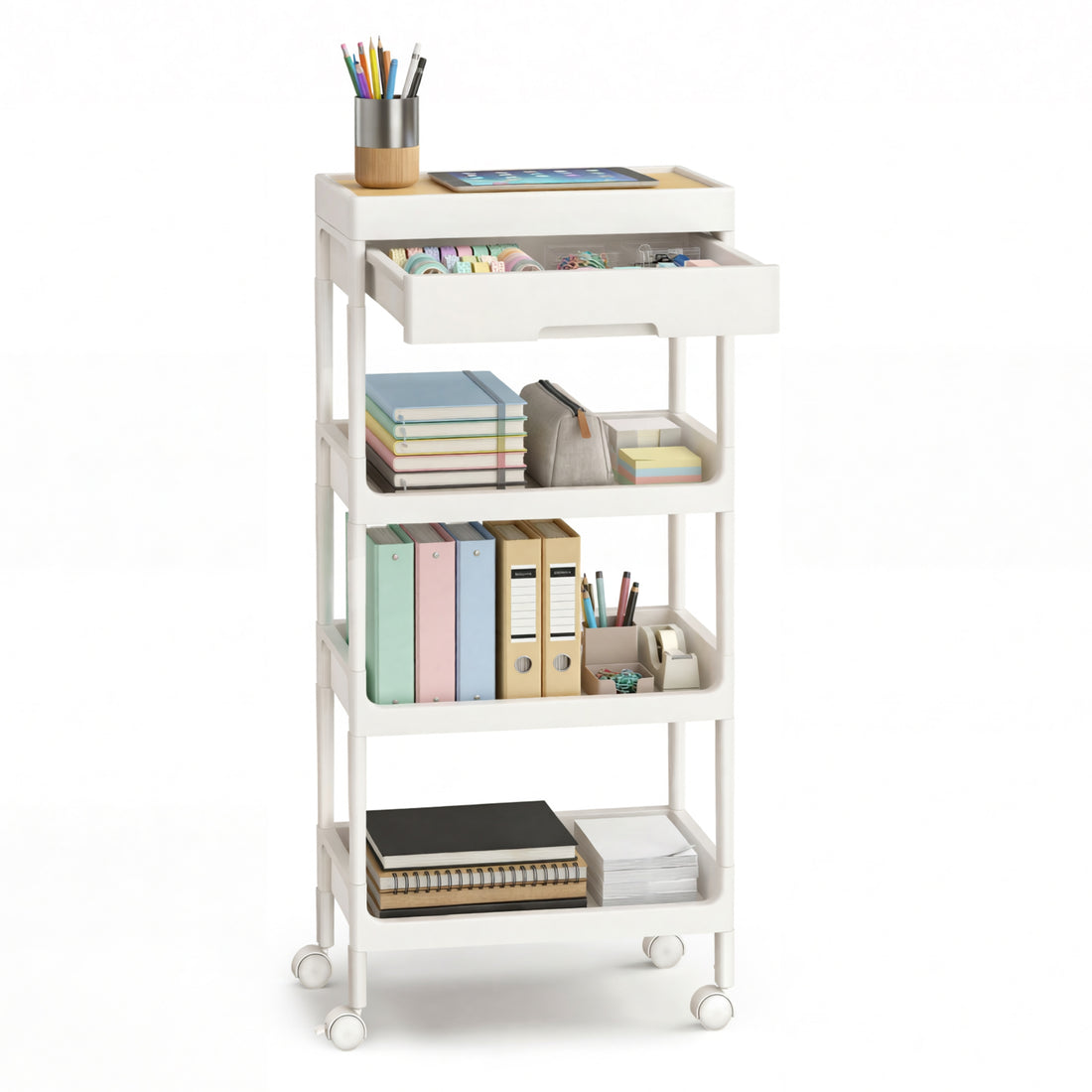 Keukenwagen met lade, 4 niveaus en afneembaar bovenblad | Wit-eik | 41x25,5x91 cm