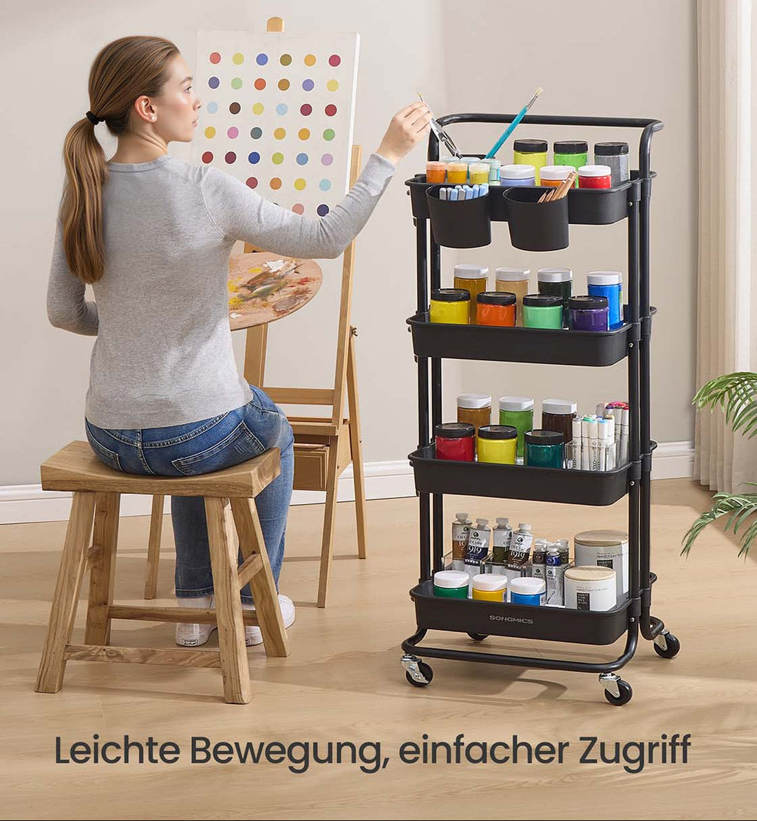 4-laags trolley zwart - verrijdbare opbergwagen - staal - 37,3 x 42,5 x 115 cm