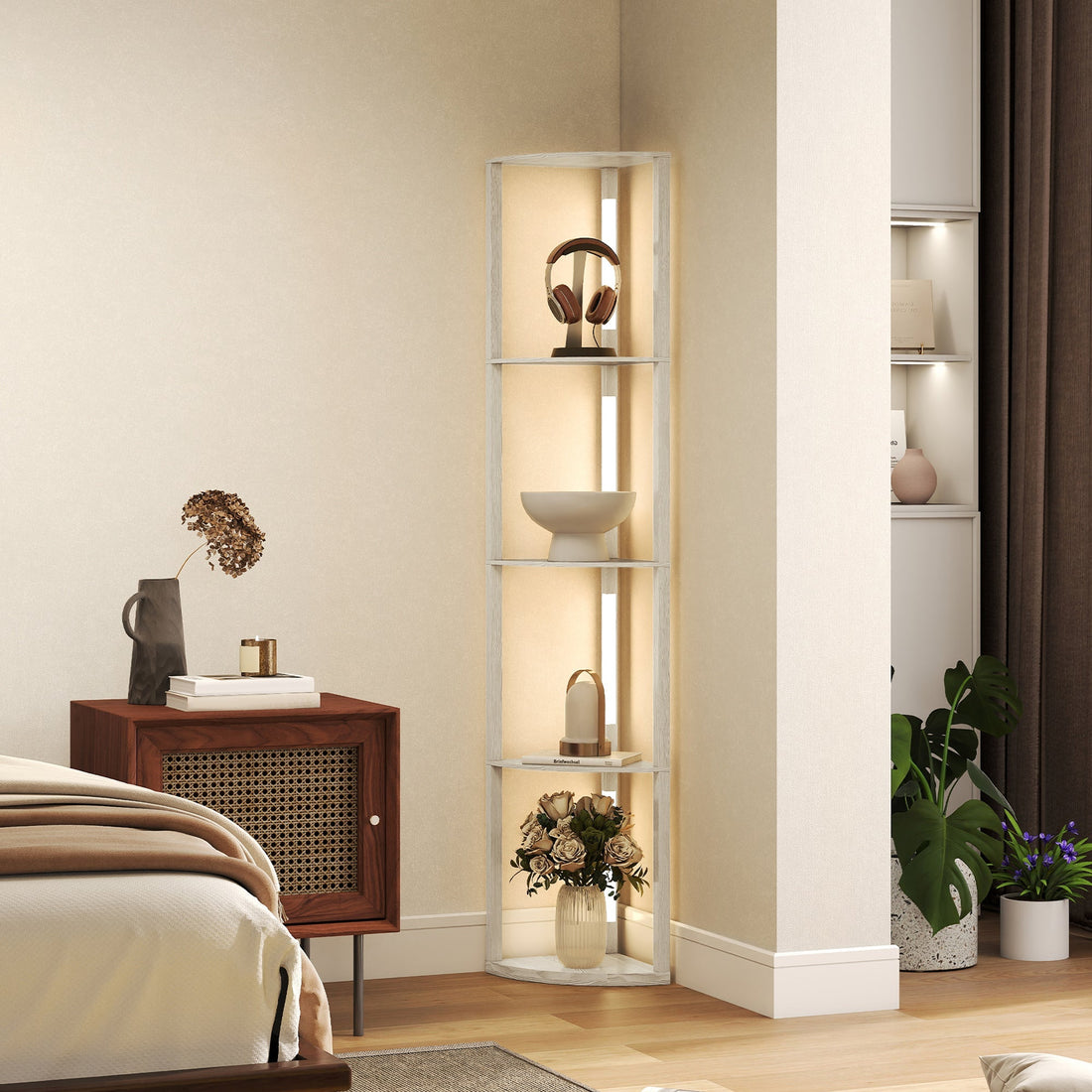 LED-vloerlamp met 4 planken | Kleur: Bruin | Afmetingen: 41x30x164 cm