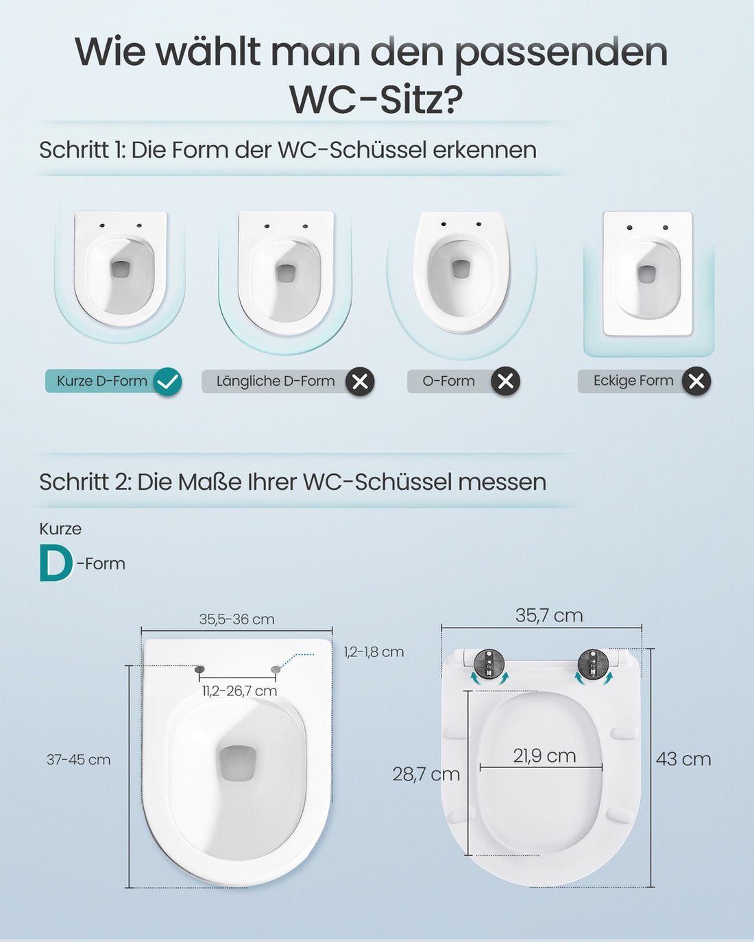 Kurzer D-förmiger Toilettensitz mit Absenkautomatik und einfacher Abnehmfunktion | Weiß