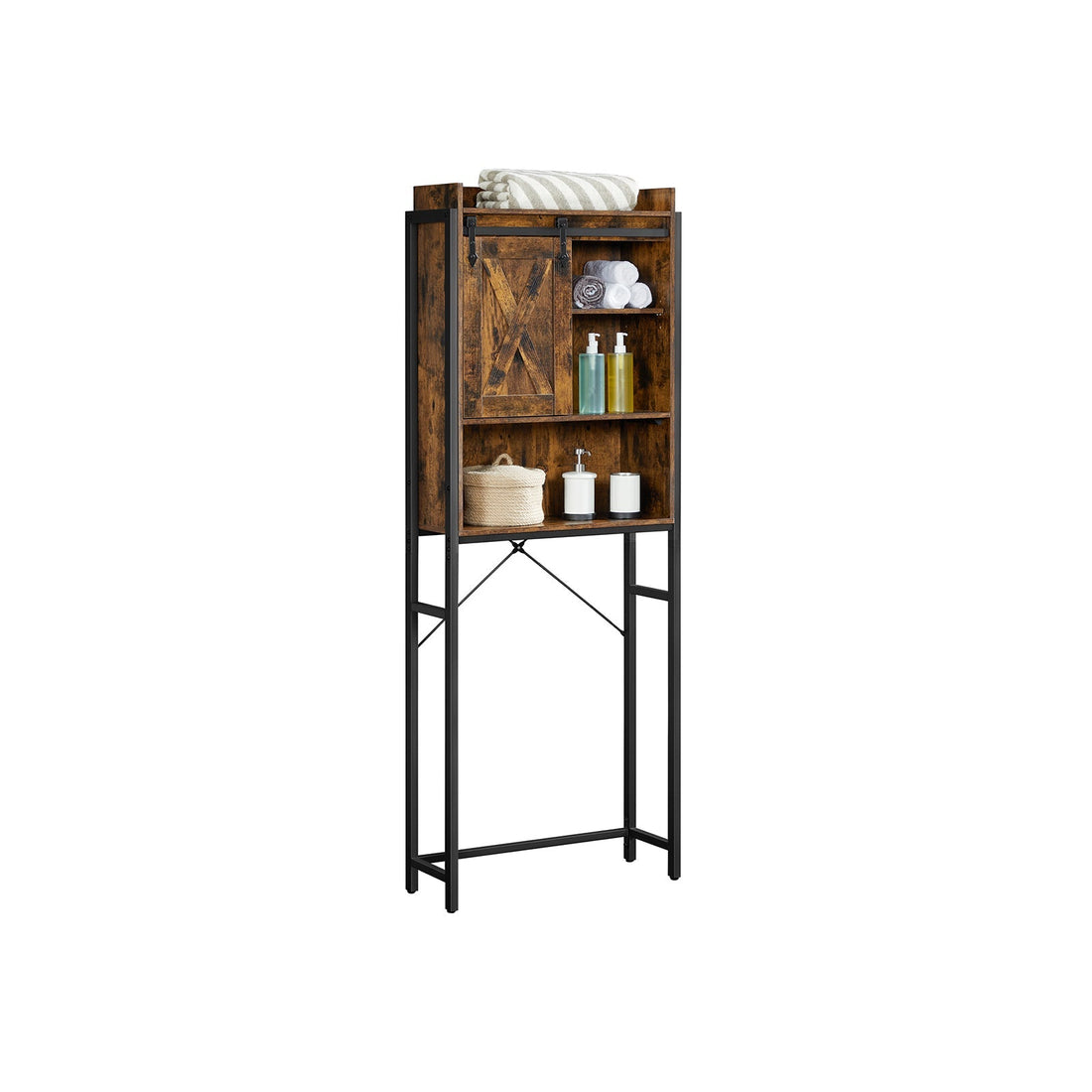 Toalettställ vintage brunsvart – badrumsförvaring – spånskiva och stål – 64 x 24 x 171 cm