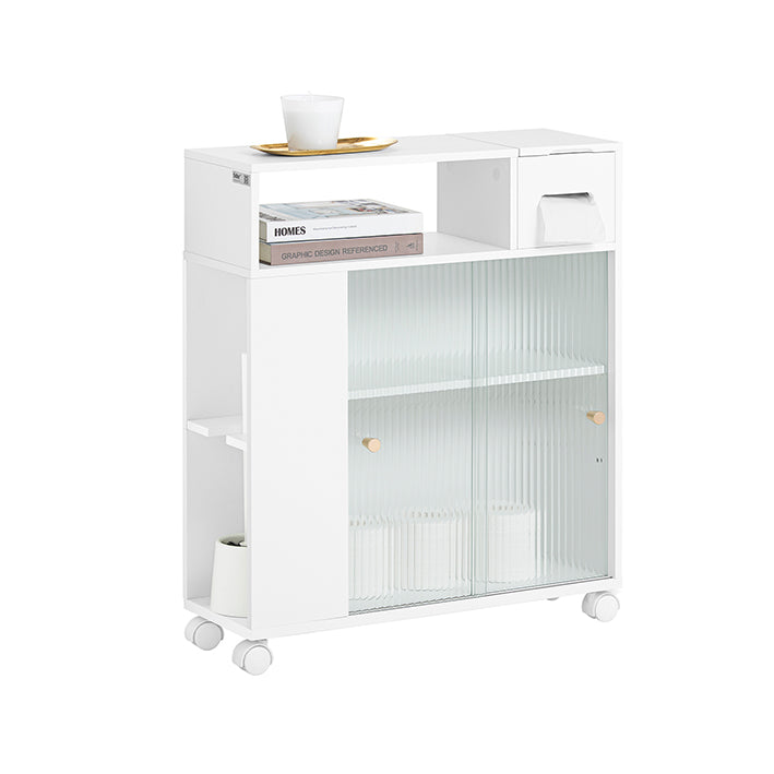 Niswagen met glazen deuren - Badkameropbergwagen - Keukenorganizer - MDF en glazen constructie - Mobiel en stabiel met roterende wielen - Ruime opbergruimte - 20 cm x 71 cm x 60 cm