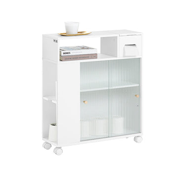 Niswagen met glazen deuren - Badkameropbergwagen - Keukenorganizer - MDF en glazen constructie - Mobiel en stabiel met roterende wielen - Ruime opbergruimte - 20 cm x 71 cm x 60 cm
