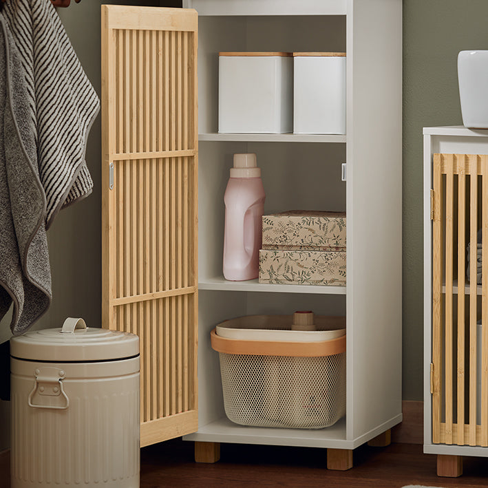 Hoge Badkamerkast - Smalle Badkamer Plank - Badkamer Opbergmeubel - Duurzame Bamboe Deuren - Muurbevestiging Veiligheid - Voldoende Opbergruimte - 33cm x 165cm x 33cm