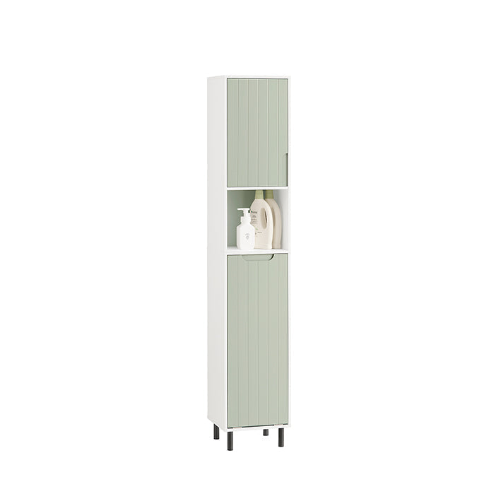 Hoge Badkamerkast met Uitklapbare Waszak - Linnenkast - Smalle Opbergplank - Verstelbare Planken - Wit-Groen - 31cm x 167cm x 30cm
