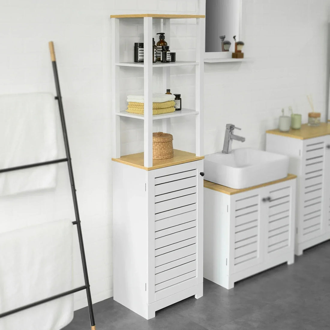 Badkamer Hoge Kast - Badkamerkast Opbergkast - Kast met 3 Planken en 1 Deur - B40 x D30 x H160cm