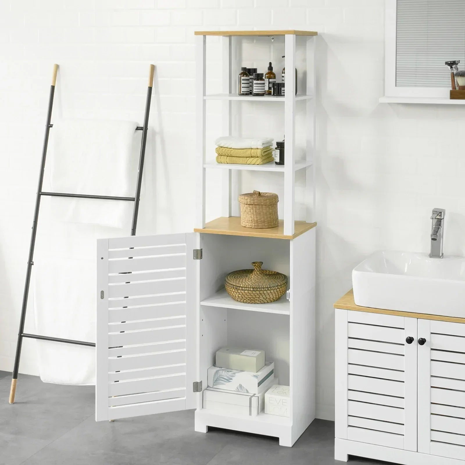 Badkamer Hoge Kast - Badkamerkast Opbergkast - Kast met 3 Planken en 1 Deur - B40 x D30 x H160cm