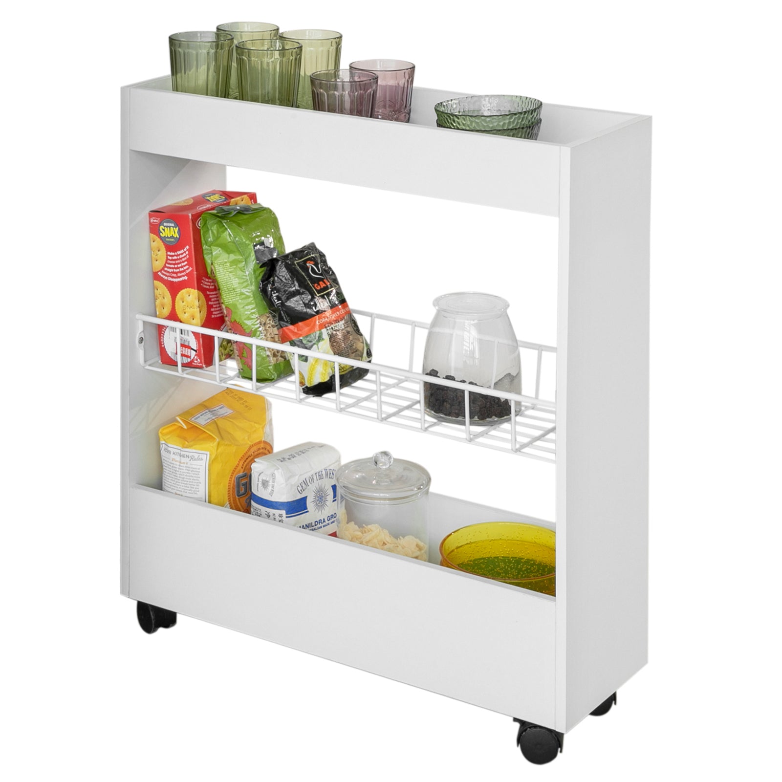 Slim Rolling Storage Cart - Nisplank - Keukentrolley - 3-laags organizer - Mobiel met vergrendelbare wielen - Ideaal voor specerijen, badbenodigdheden - 20 cm x 70 cm x 60 cm - Wit