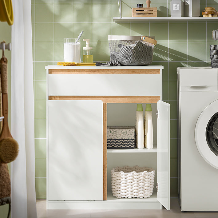Waskast met Waszak - Wasverzamelaar - Badkamermeubel - MDF en Rubberhout - Kantelbeveiliging - Flexibele opslag - 71cm x 33cm x 85cm