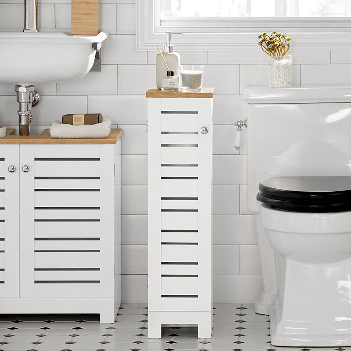 Small Toilet Paper Cabinet - Badkameropslag - Ruimtebesparend - MDF-constructie - Schimmelbestendig - Luchtdoorlatende latten - 20 cm x 79 cm x 18 cm