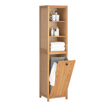 Smalle badkamerkast met waszak - hoge opbergeenheid - badkamerplank - natuurafwerking - voldoende opbergruimte - anti-tip veiligheidsfunctie - eenvoudige montage - 40 cm x 172 cm x 35 cm