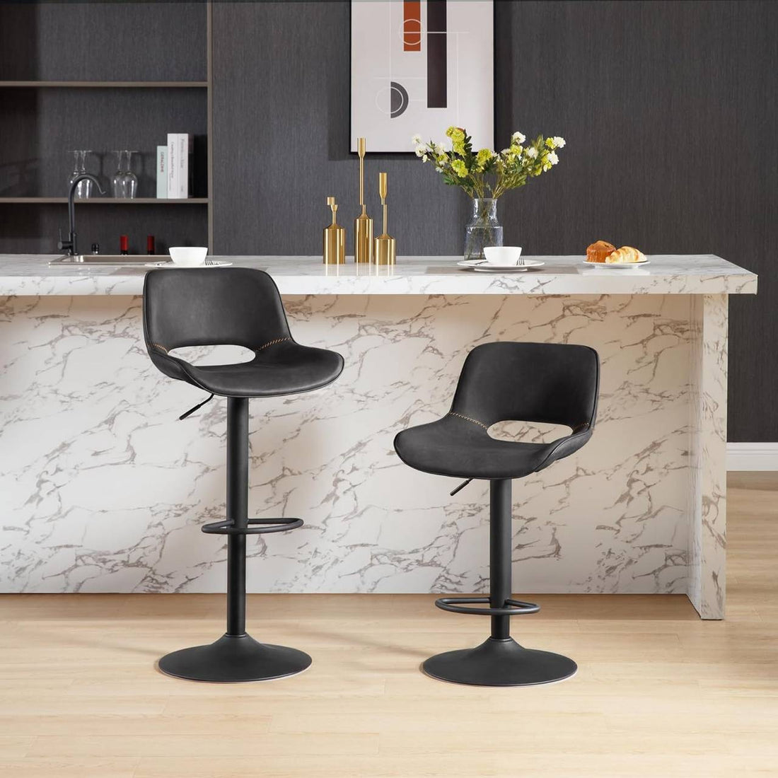 Barstolar 2-pack, justerbara, med fotstöd och konstläder | Antracit | 49x49x84-106,5 cm