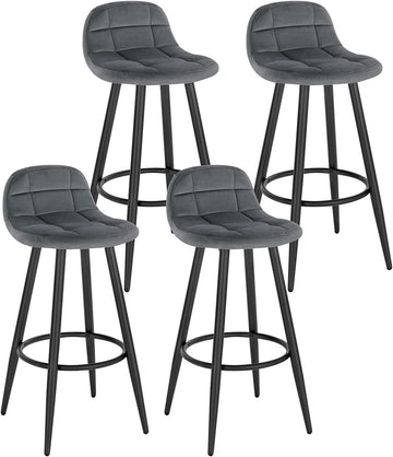 Set van 4 fluwelen barstoelen met rugleuning en voetsteun | Donkergrijs | 39x31x84 cm