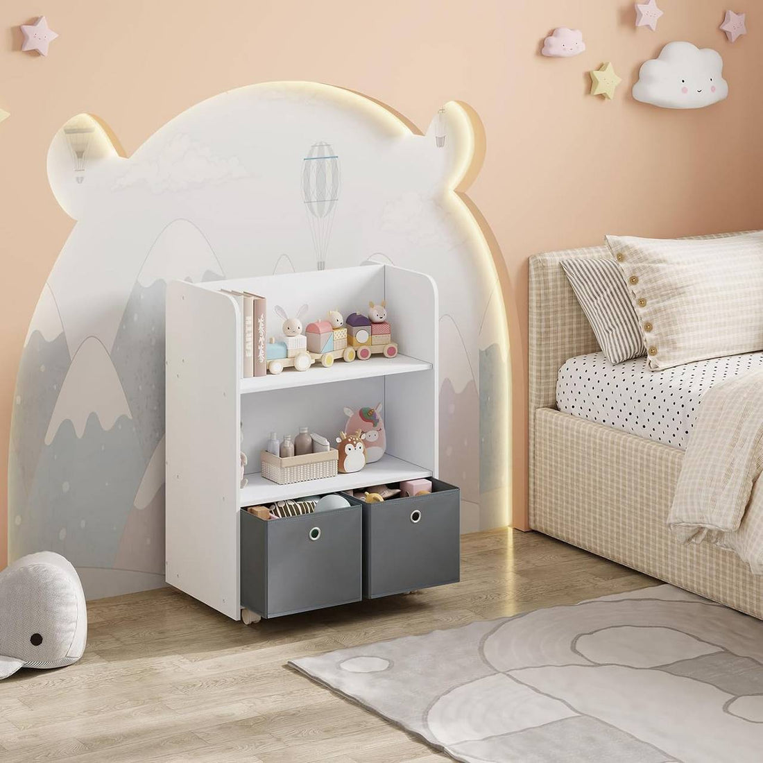 Bücherregal für Kinder auf Rollen mit Aufbewahrungsbehältern 2-in-1 | Weiß | 62,5x40x82,5 cm