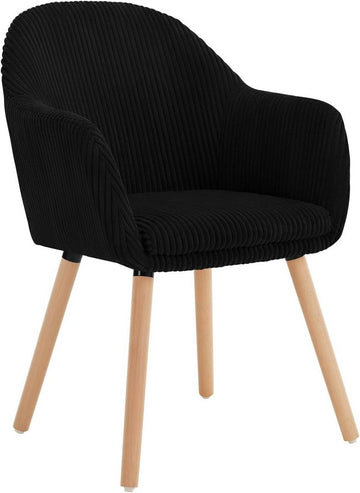 Eetkamerstoel met armleuningen, ribfluweel, houten poten | Zwart | 55,5x56,5x83,5 cm