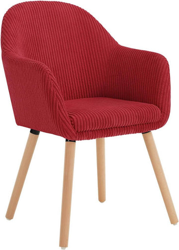Eetkamerstoel met armleuningen van ribstof, massief houten poten | Rood | 55,5x56,5x83,5 cm