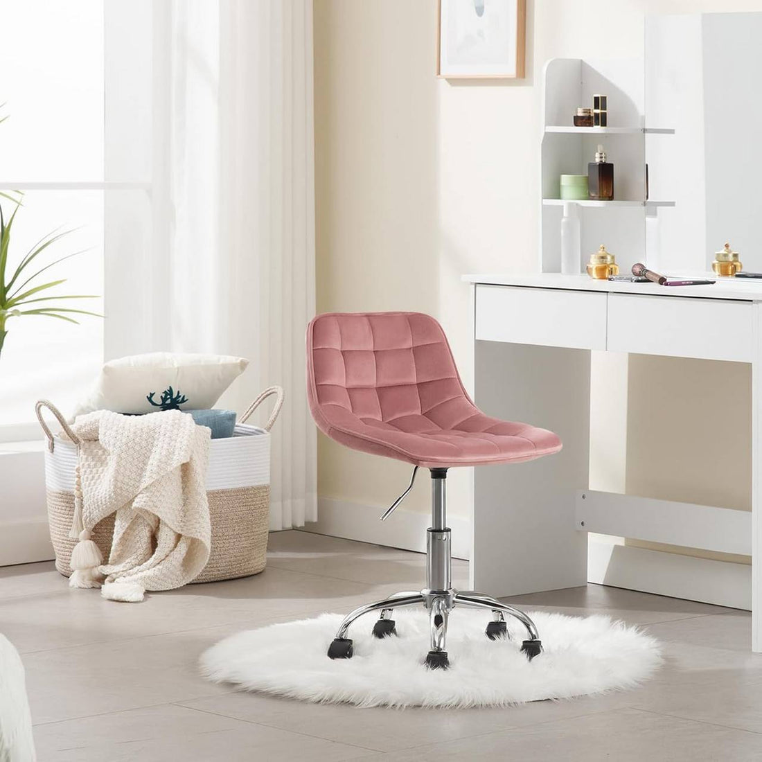 Ergonomischer Bürostuhl mit Rollen, rosa Samt | Rosa | 43x50x60-67,5 cm