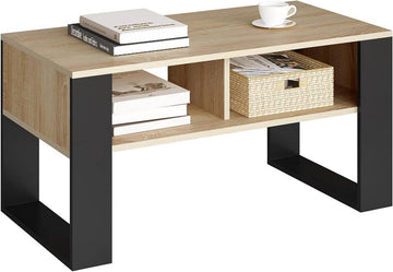 Salontafel, bijzettafel met 2 open vakken | Helle eik + zwart | 90x45x45 cm