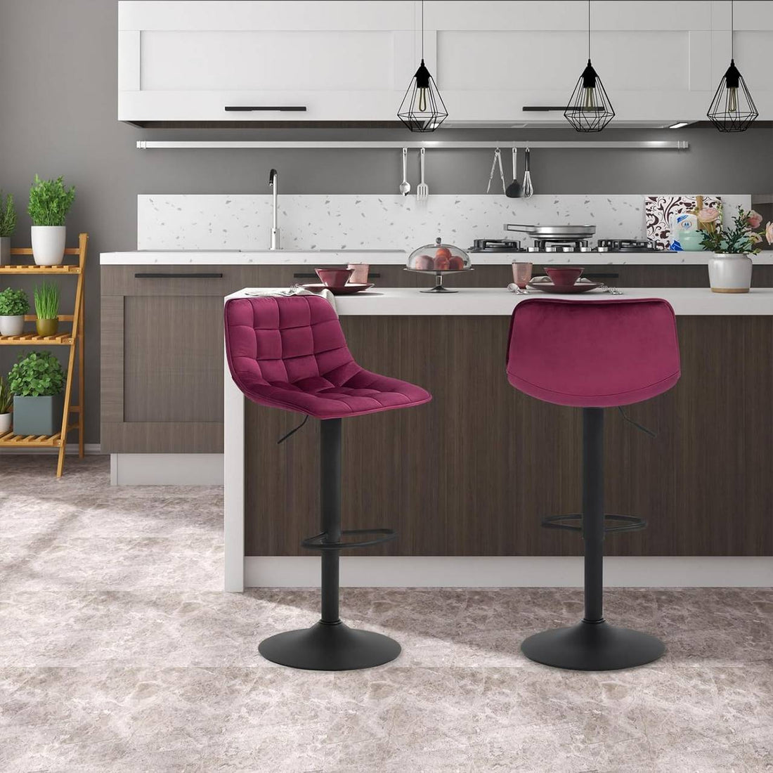Barstol med ryggstöd i sammet och metall | Bordeaux | 42,5x35x82,5-104 cm