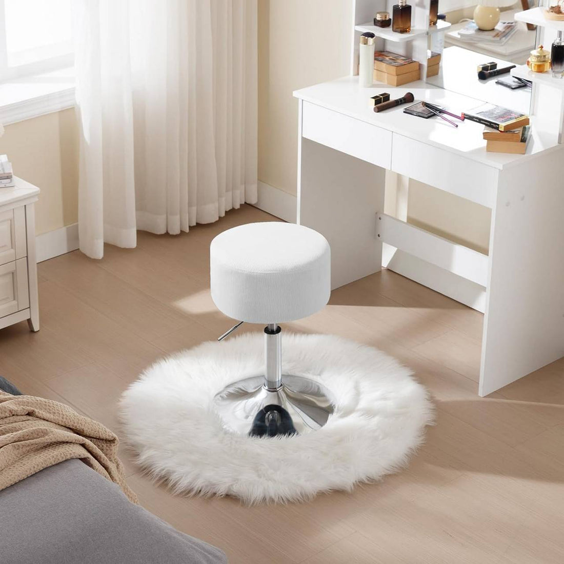 Rund barstol justerbar svängbar med ribbad tygsits | Vit | 35,5x35,5x44-56 cm