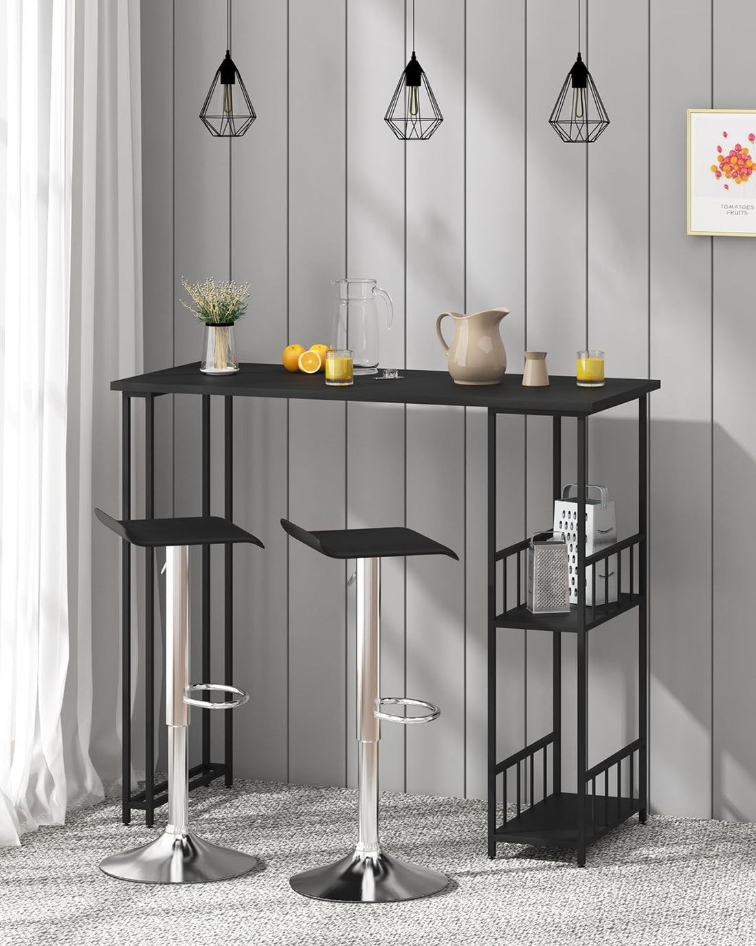 Barbordsstativ med 2 hyllplan, metallram och MDF | Svart | 120x50x105 cm