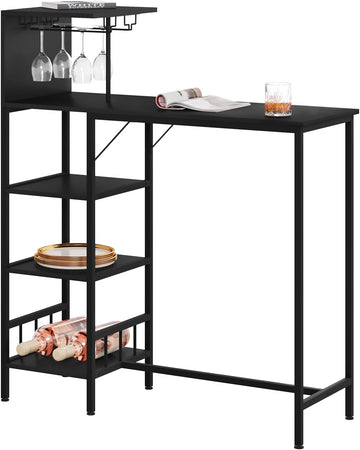 Bartafel met wijnrek en glazenhouders, 4 planken | Vintage hout/zwart/licht eiken | 110x40x125 cm