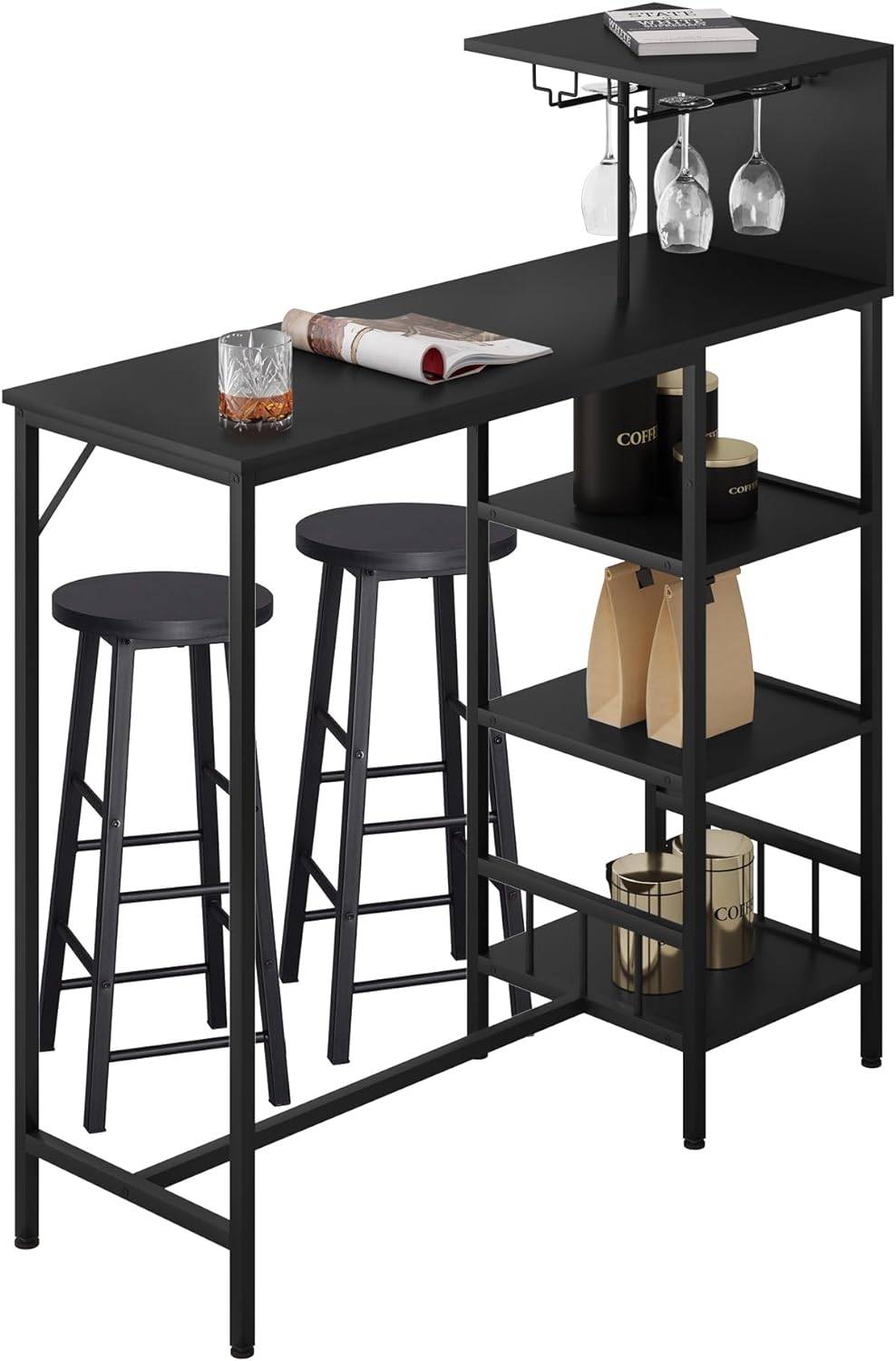 Bartenderset med 2 barstolar, 3 hyllor och vinglashållare | 110x40x125 cm