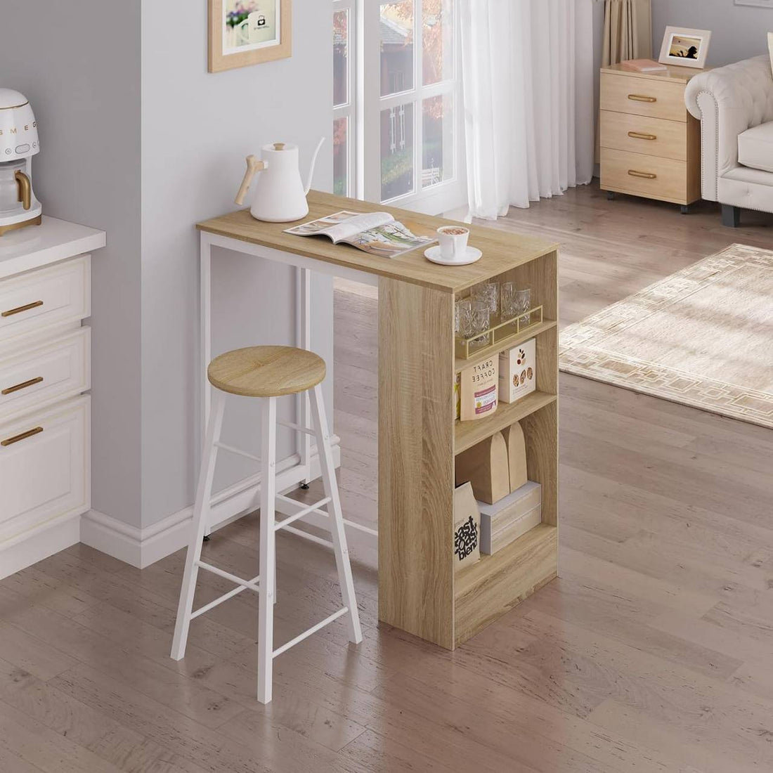 Barbordsstativ med 3 hyllplan | Ljus ek och vit | 91x49x91 cm
