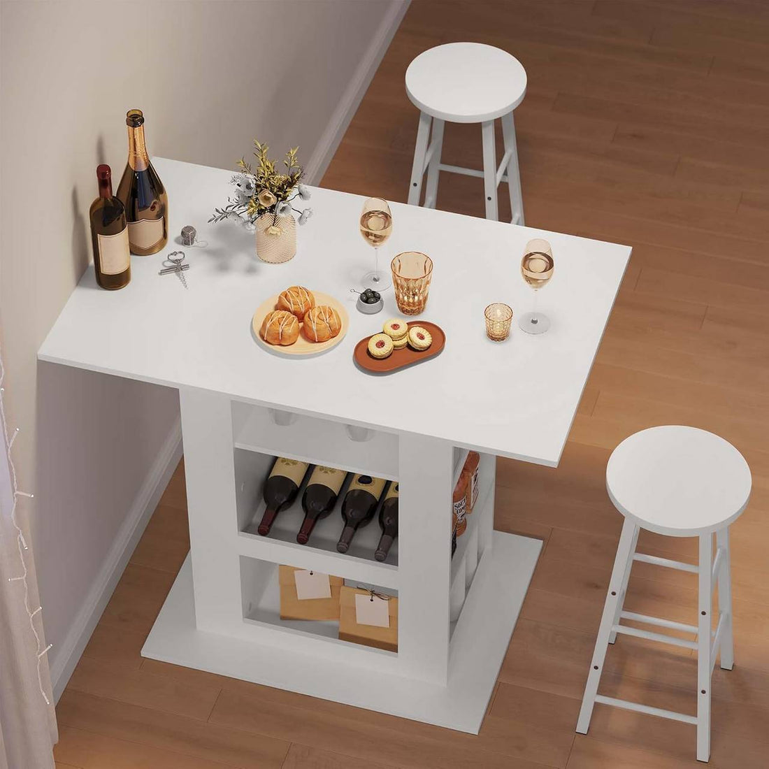 Bardisk med förvaring, 2 glashållare och 3 fack | Vit | 105x68x94 cm