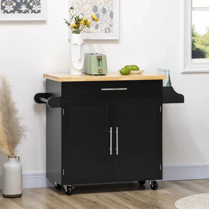 Keukentrolley op wielen met lade en kast | Kleur: Zwart | Afmetingen: 109x40x89 cm
