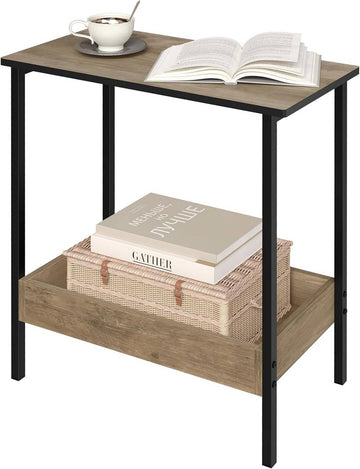 Bijzettafel met 2 legplanken, metaal en houtlook | Grauwe houtlook | 50x25x55 cm